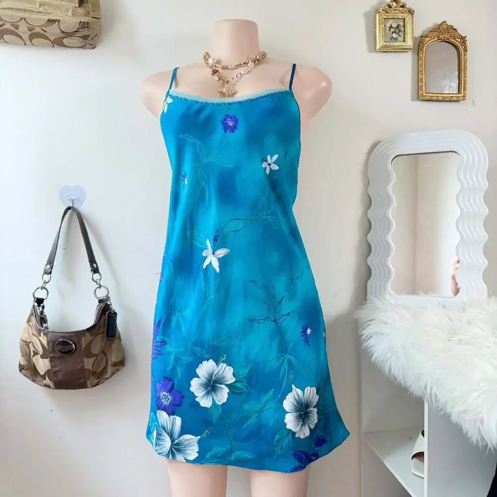 Vintage Tropical Floral Silk Chemise Slip Dress and Matching Robe Set
